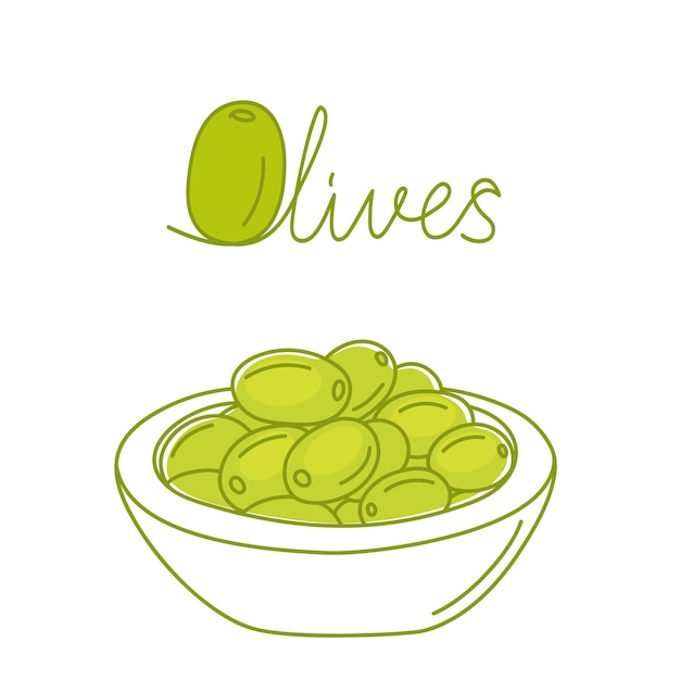 Hand drawn green olives on a white background