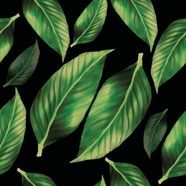 Vector hand drawn green watercolor leaves seamless pattern design