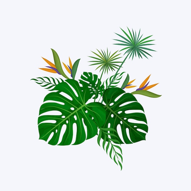 Monstera 잎, strelitzia 꽃 및 파피루스 식물로 구성된 손으로 그린 녹지 장식 꽃다발