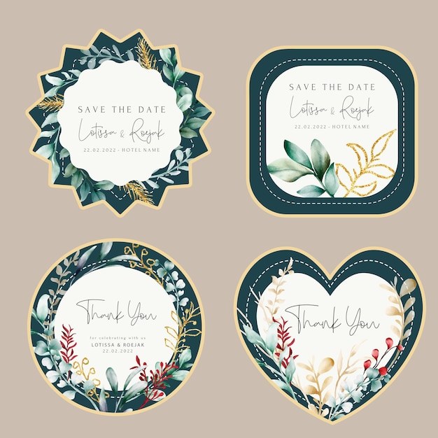 Vector hand drawn greenery and gold leaves label collection