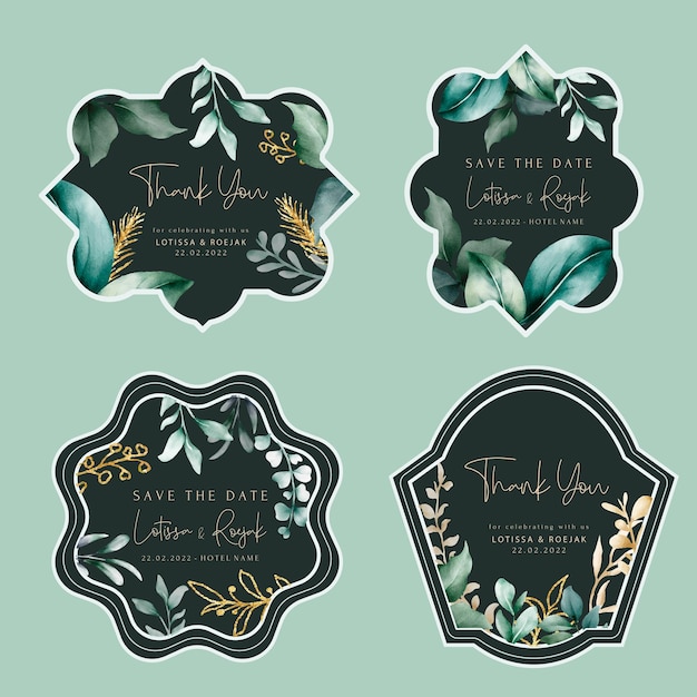 Vector hand drawn greenery and gold leaves label collection