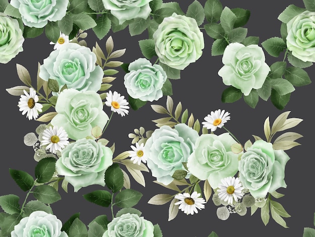 Hand drawn greenery roses seamless pattern