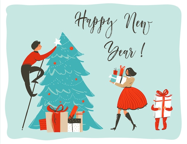 Hand drawn greeting card, Merry Christmas and happy new year