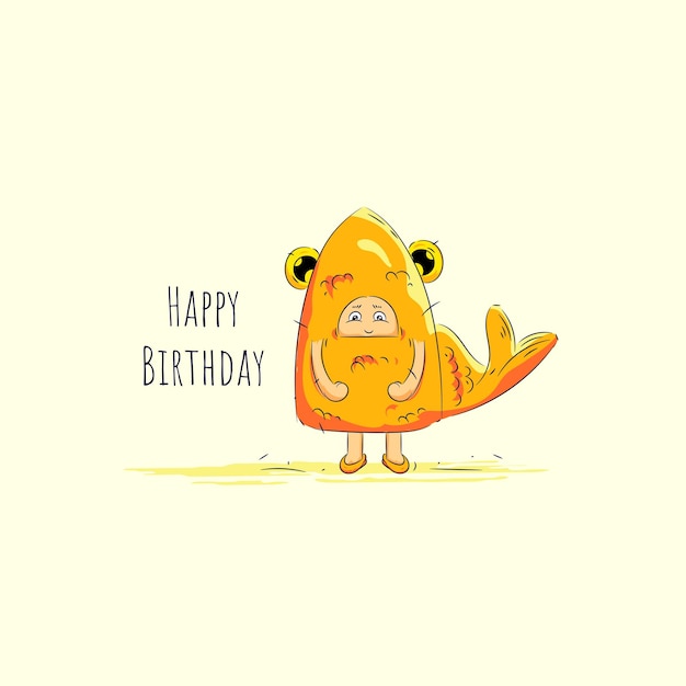 Hand drawn greeting card template cute cartoon fish illustration