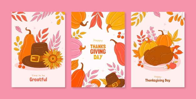 Hand drawn greeting cards collection for thanksgiving with pumpkin and pilgrim hat