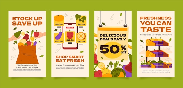 Vector hand drawn grocery shopping  instagram stories