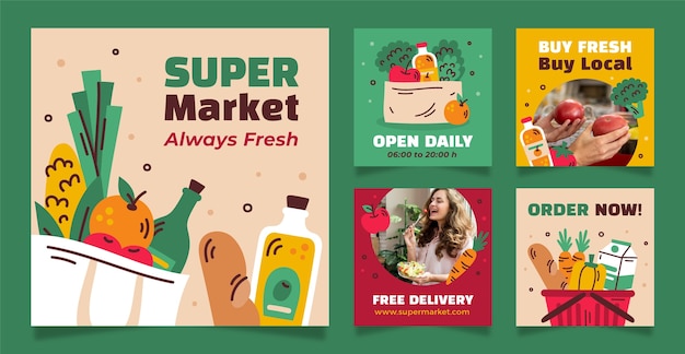 Vector hand drawn grocery store instagram posts