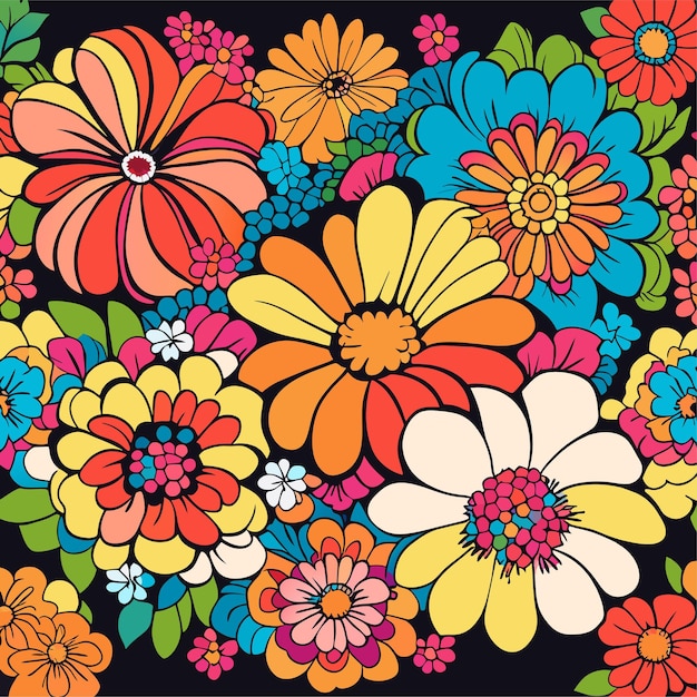 Vector hand drawn groovy flower pattern