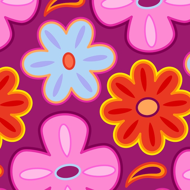 Vector hand drawn groovy flower pattern