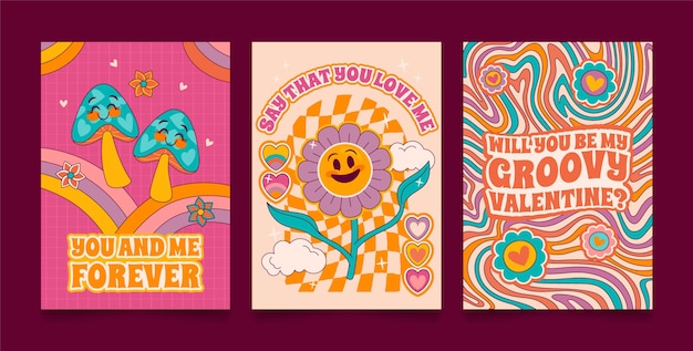 Vector hand drawn groovy love card set