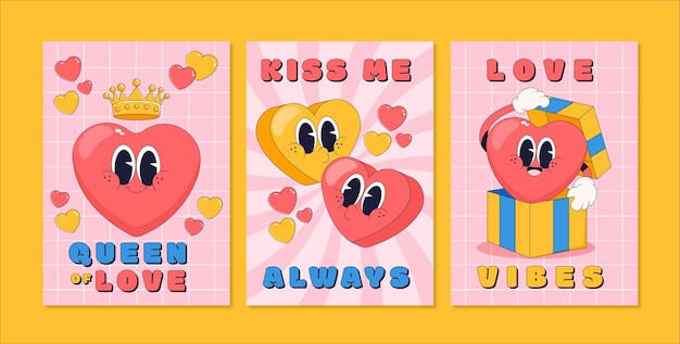 Hand drawn groovy love cards set