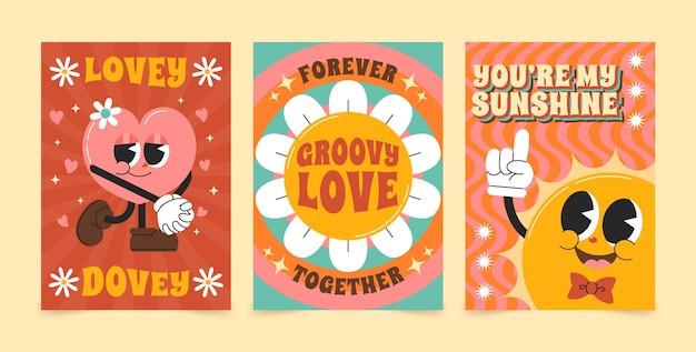 Hand drawn groovy love cards set