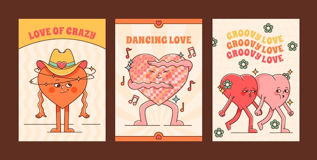 Hand drawn groovy love cards set