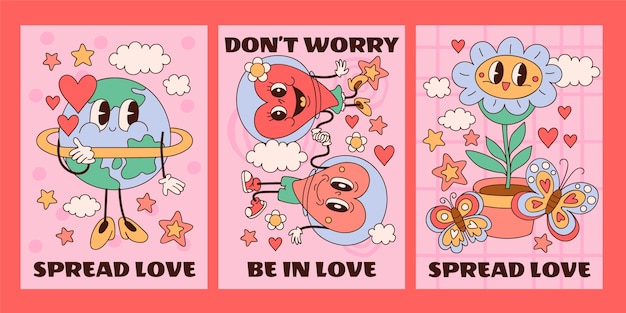 Hand drawn groovy love cards set