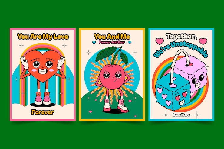 Vector hand drawn groovy love cards