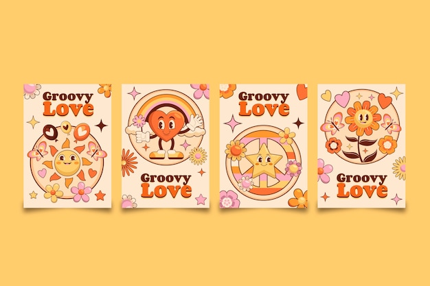 Hand drawn groovy love cards