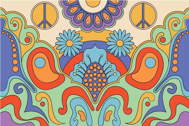 Vector hand drawn groovy psychedelic background