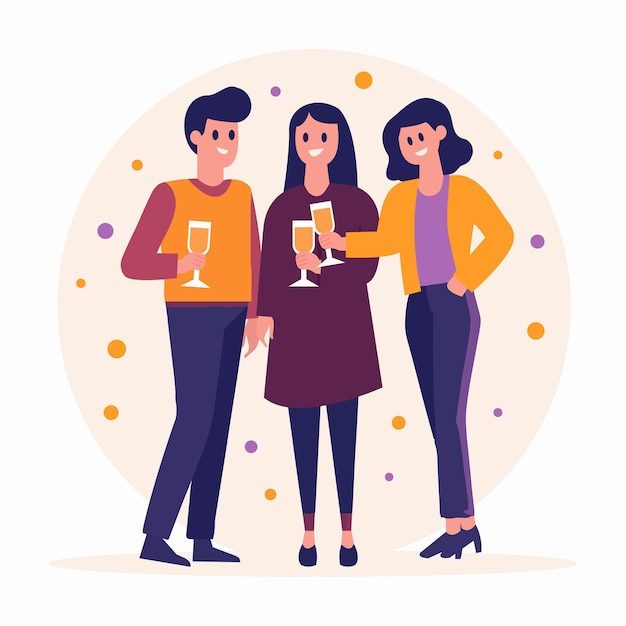 Vector hand drawn group of friends celebrating in flat style