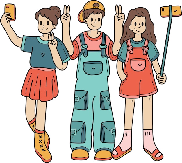 Hand Drawn group of tourists taking a selfie illustration in doodle style