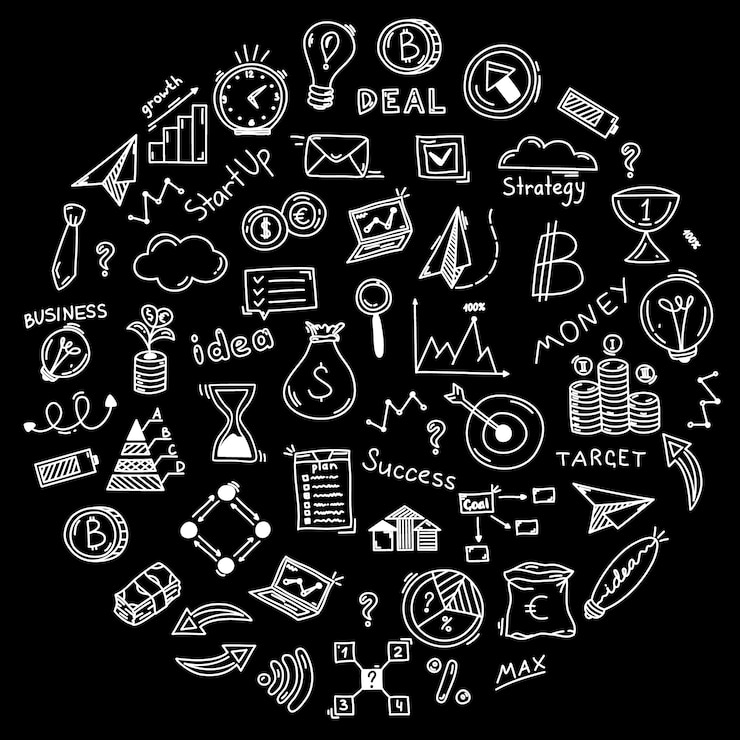 Vector hand drawn growth finance elements doodle vector financial round set on black background