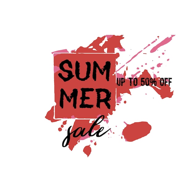 Hand drawn grunge background palm leaves brush strokes and splatters Hand written text summer sale discount banners