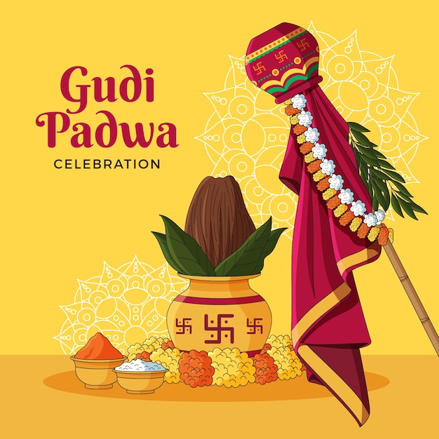 Vector hand drawn gudi padwa illustration