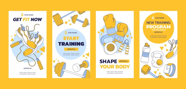 Vector hand drawn gym fitness instagram stories