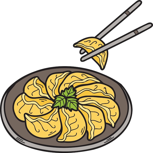 Vettore gyoza o gnocchi disegnati a mano illustrazione di cibo cinese e giapponese