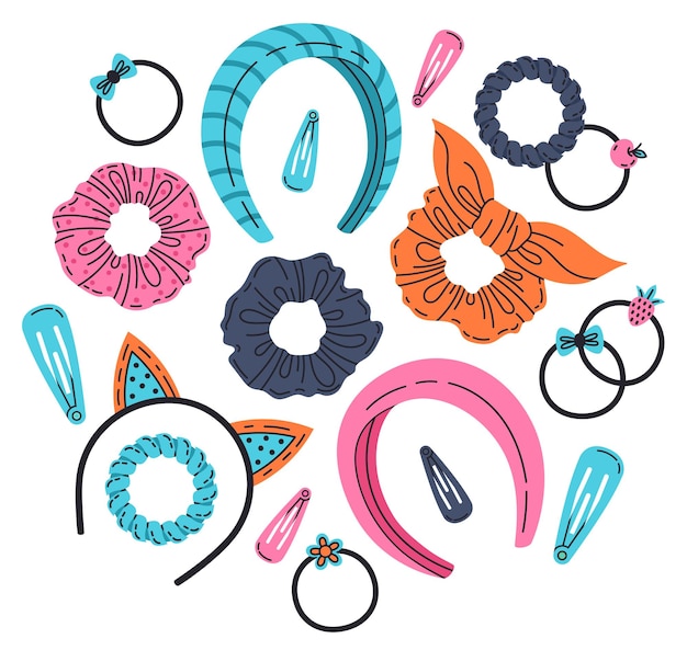 Vettore accessori per capelli disegnati a mano cerchi per capelli femminili scrunchies fasce per capelli cravatta per capelli ed elastici set di illustrazioni vettoriali piatte collezione di scarabocchi per accessori per capelli