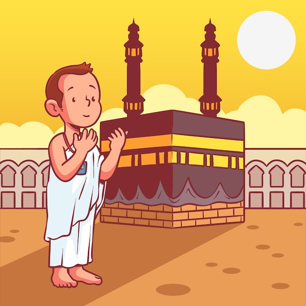 Hand drawn hajj illustration with person praying at mecca