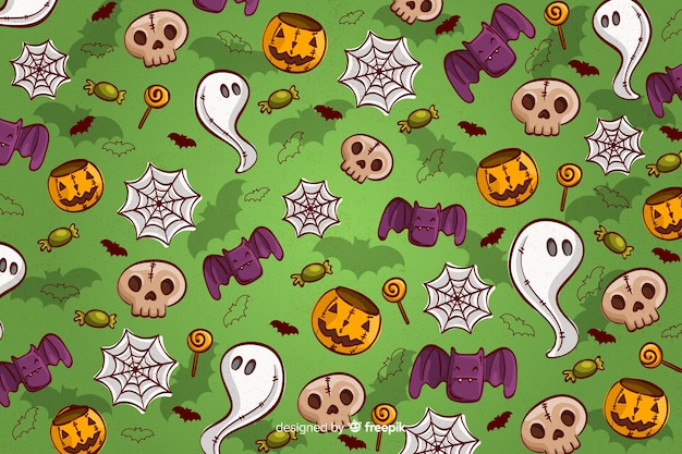 Premium Vector | Hand drawn halloween background seamless pattern in green Premium Vector | Hand drawn halloween background seamless pattern in green