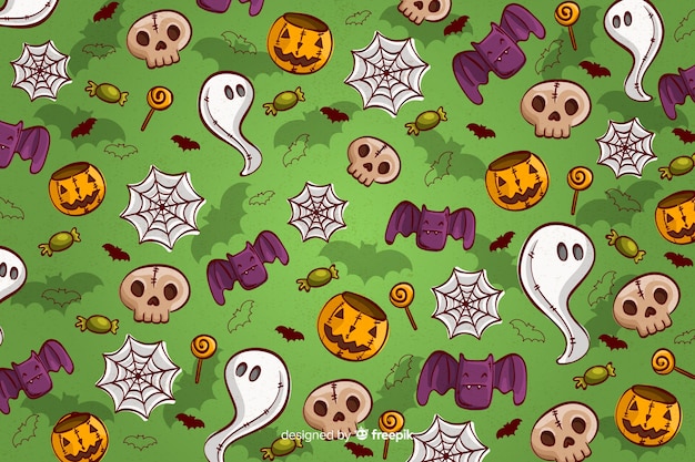 Hand drawn halloween background seamless pattern in green