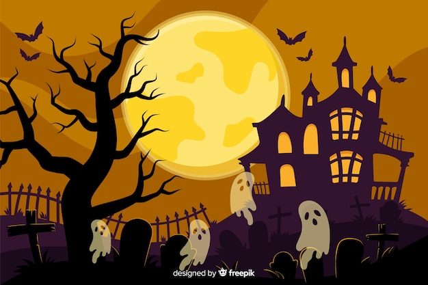 Hand drawn halloween background with haunted house