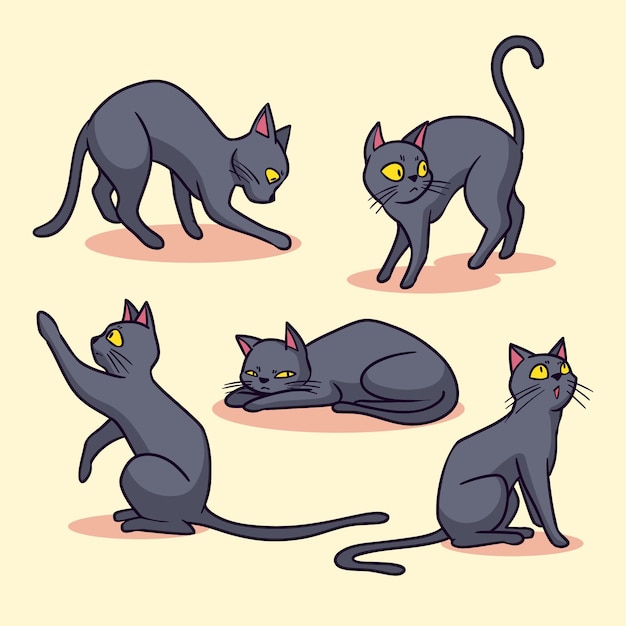 손으로 그린 할로윈 검은 고양이 컬렉션