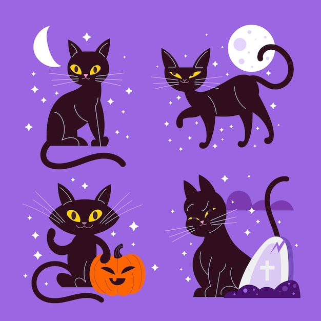 Hand drawn halloween black cats collection