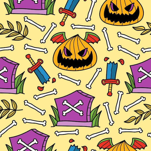 hand drawn halloween cartoon seamless pattern design