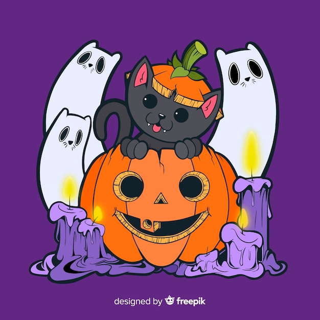 손으로 그린 할로윈 고양이 배경