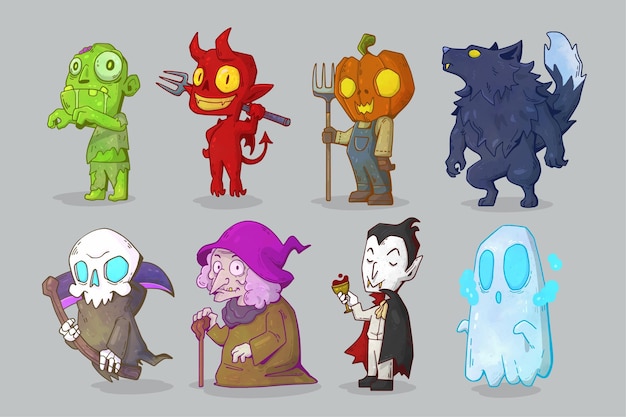 Collezione di personaggi di halloween disegnata a mano