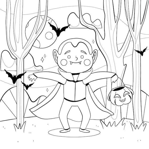 Hand drawn halloween coloring page illustration