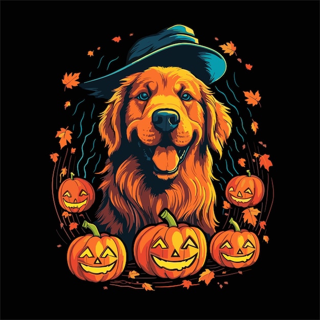 ベクトル 手描きのハロウィーンの犬のイラスト、帽子をかぶったお祝いのデザイン