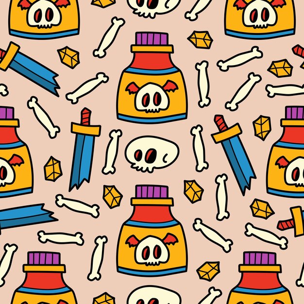 Hand drawn halloween doodle cartoon seamless pattern design