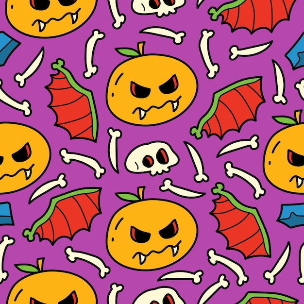 Hand drawn halloween doodle cartoon seamless pattern design