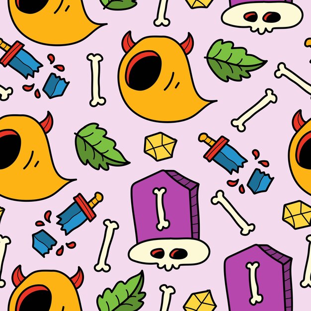 Hand drawn halloween doodle cartoon seamless pattern design