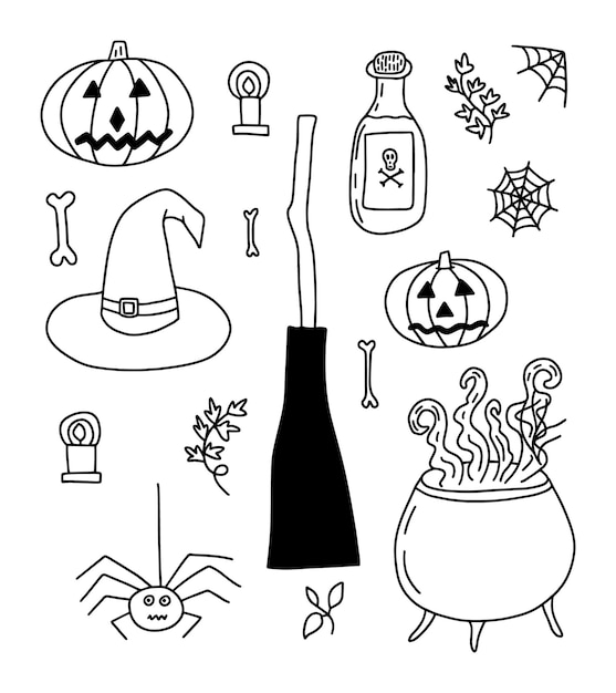 Set di elementi doodle di halloween disegnati a mano bottiglia di pozione di ragno zucca cappello da strega scopa e schizzo di osso