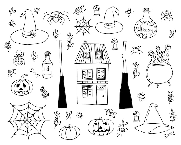 Hand drawn Halloween doodle elements set Pumpkin spider potion bottle witch hat broom and bone sketch