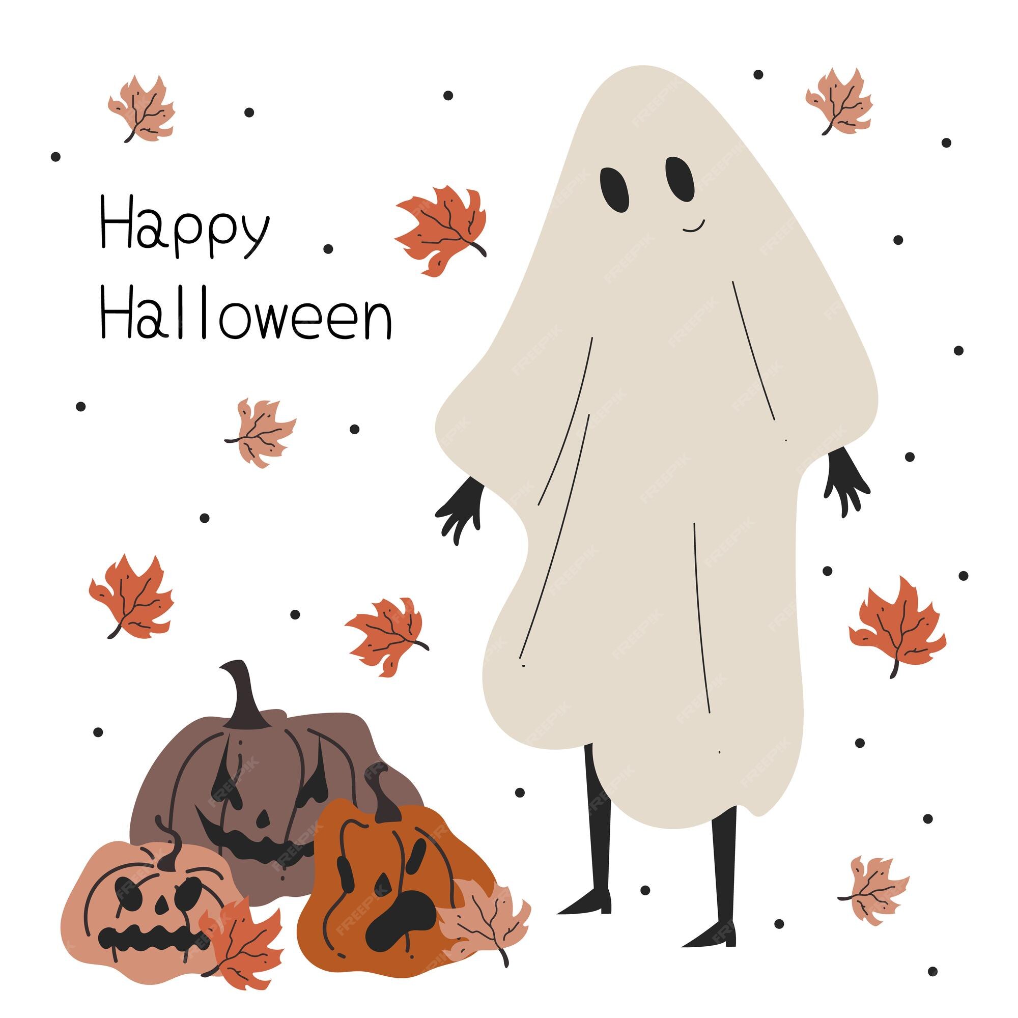 Premium Vector | Hand drawn halloween greeting card with cute ghost and scary pumpkins Premium Vector | Hand drawn halloween greeting card with cute ghost and scary pumpkins