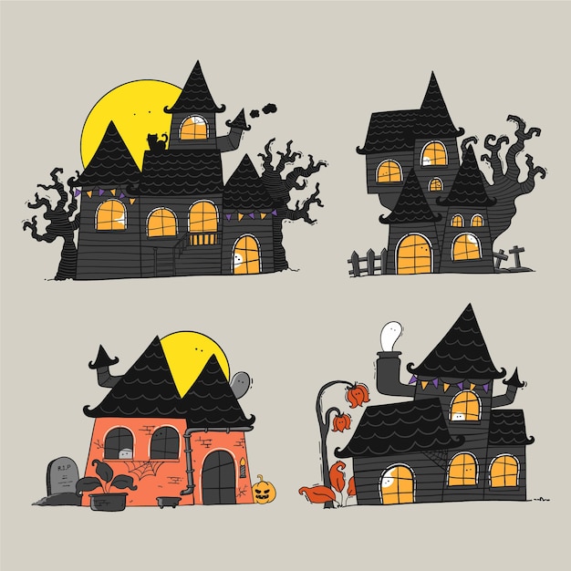 Vector hand drawn halloween haunted houses collection