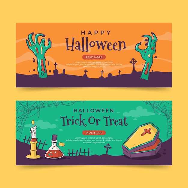 Hand drawn halloween horizontal banners set