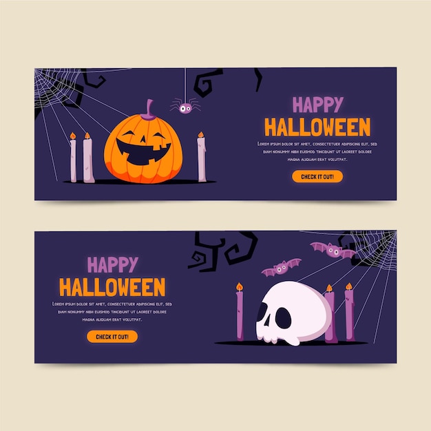 Vettore set di banner orizzontali di halloween disegnati a mano