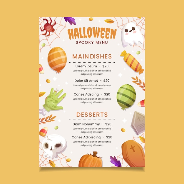 Vettore modello di menu di halloween disegnato a mano